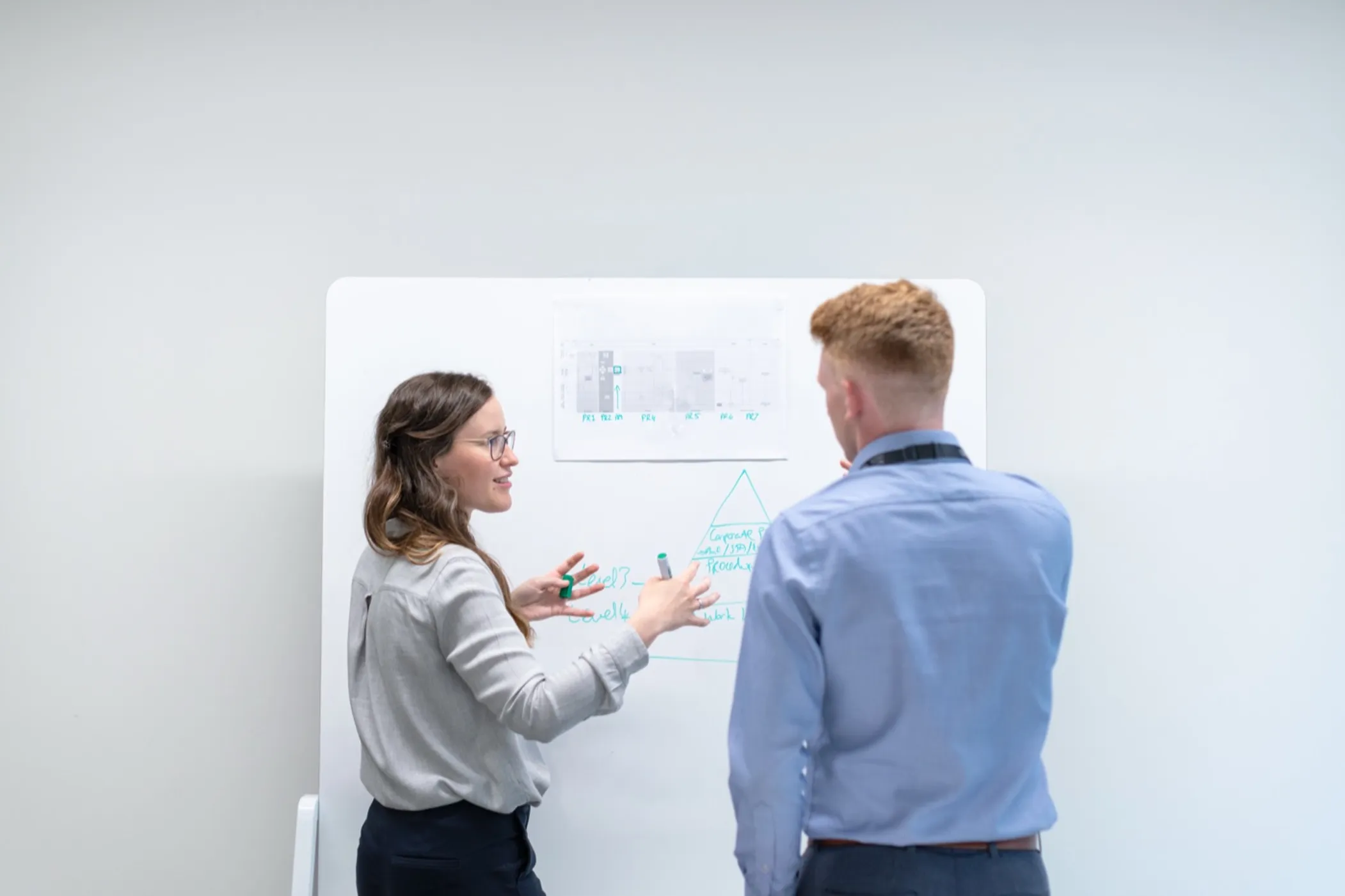 Two colleagues discussing notes at a whiteboard